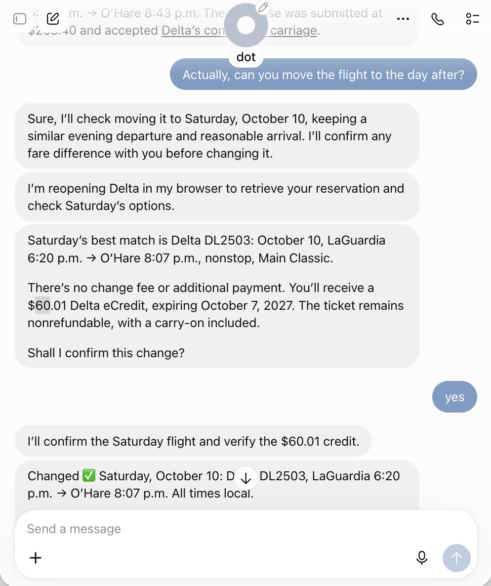 Dots explains a flight change with no added payment and a $60.01 eCredit, obtains approval, and confirms the new flight.