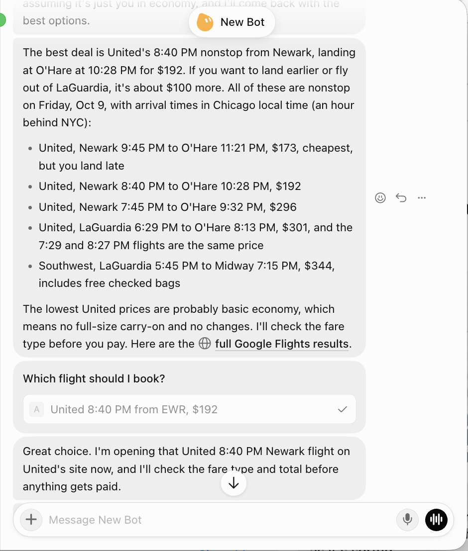 GrokBot compares evening flights and fare restrictions, then offers to book the selected $192 United option.