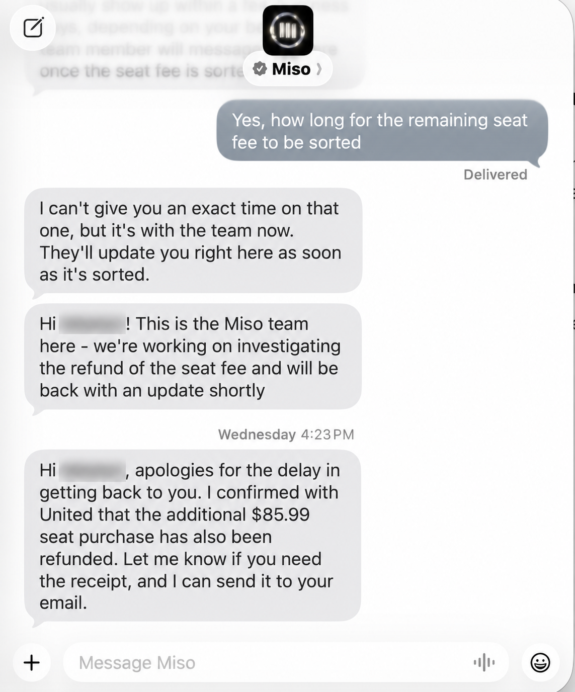 Miso’s human team confirms with United that the additional $85.99 seat purchase has been refunded.