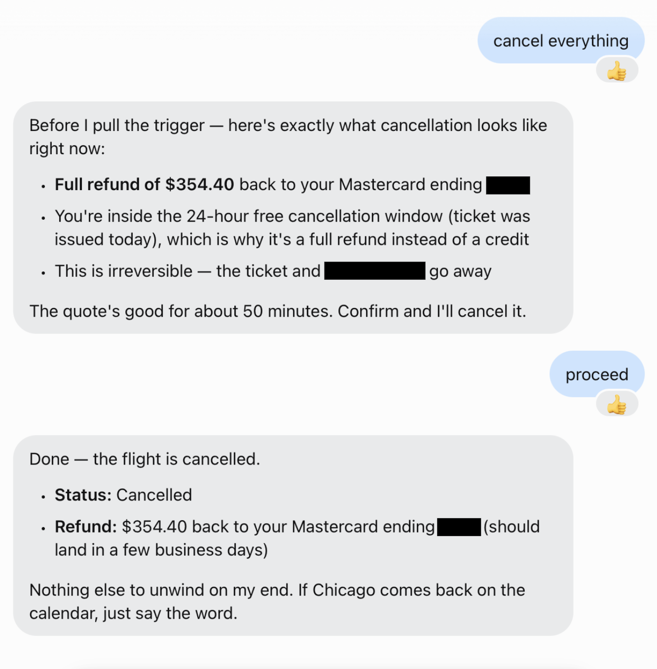 Muse explains the $354.40 refund and cancellation terms, asks for approval, then confirms cancellation.